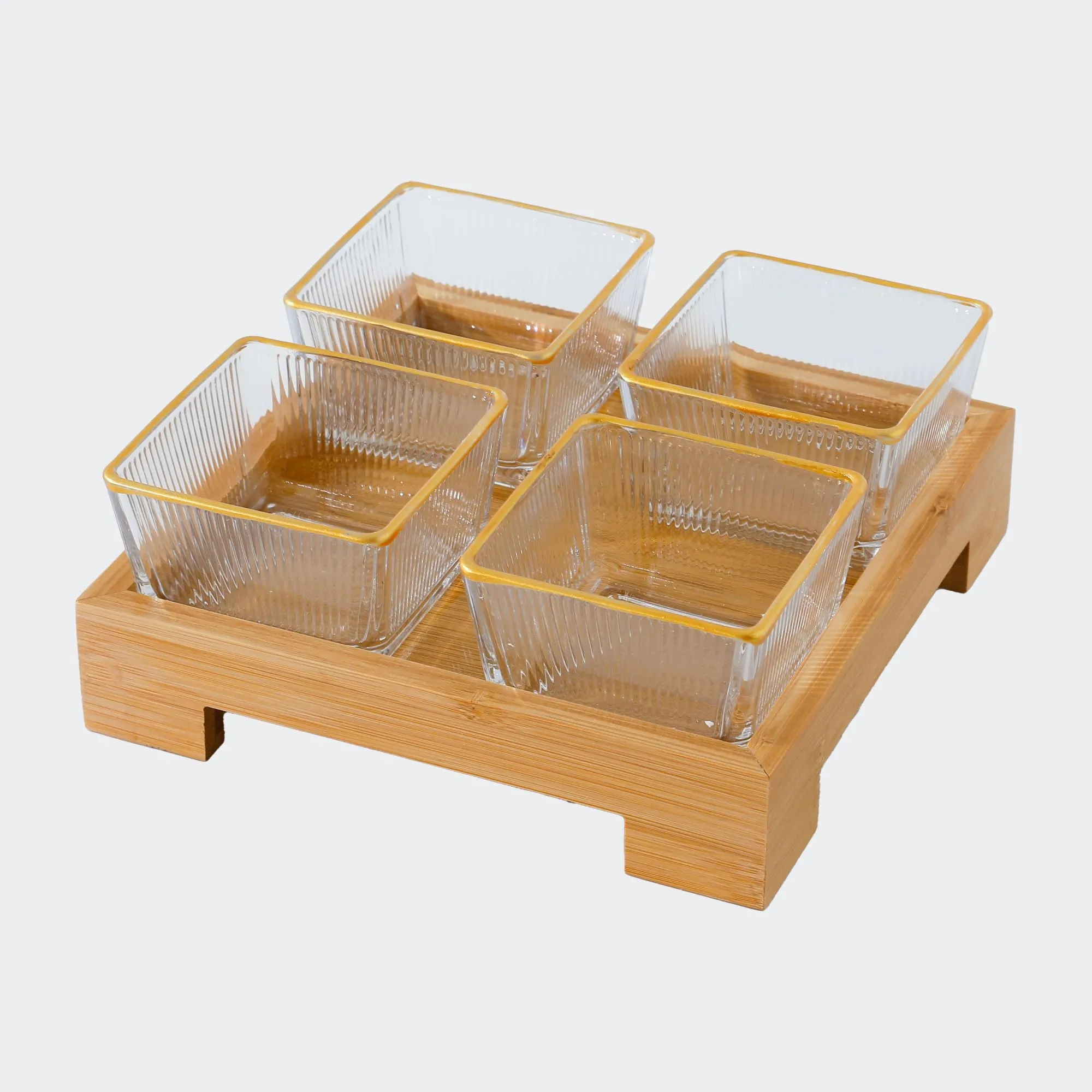 UMAI Platters Serving Set for Snacks with Wooden Tray & 4 Jars (180ml Each) | Premium Soda Lime Glass | Snacks Serving Bowls with Tray | Serving Tray with Bowls for Snacks | Gift for Housewarming
