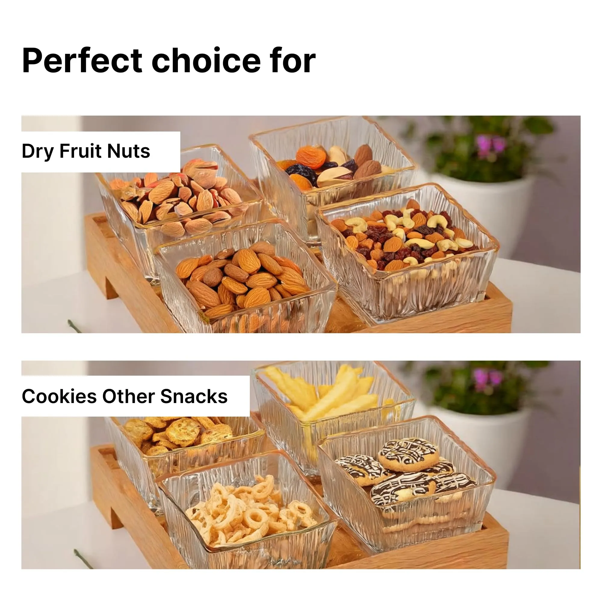 UMAI Platters Serving Set for Snacks with Wooden Tray & 4 Jars (180ml Each) | Premium Soda Lime Glass | Snacks Serving Bowls with Tray | Serving Tray with Bowls for Snacks | Gift for Housewarming