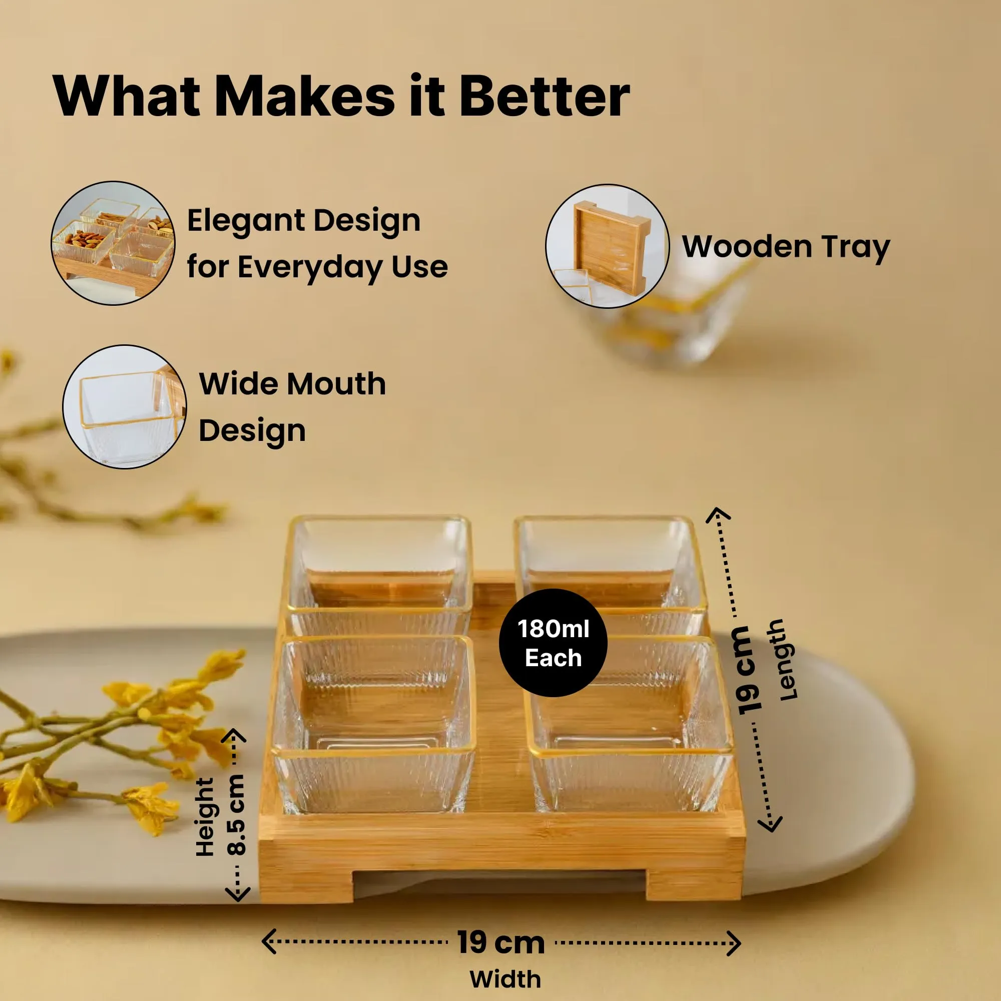 UMAI Platters Serving Set for Snacks with Wooden Tray & 4 Jars (180ml Each) | Premium Soda Lime Glass | Snacks Serving Bowls with Tray | Serving Tray with Bowls for Snacks | Gift for Housewarming