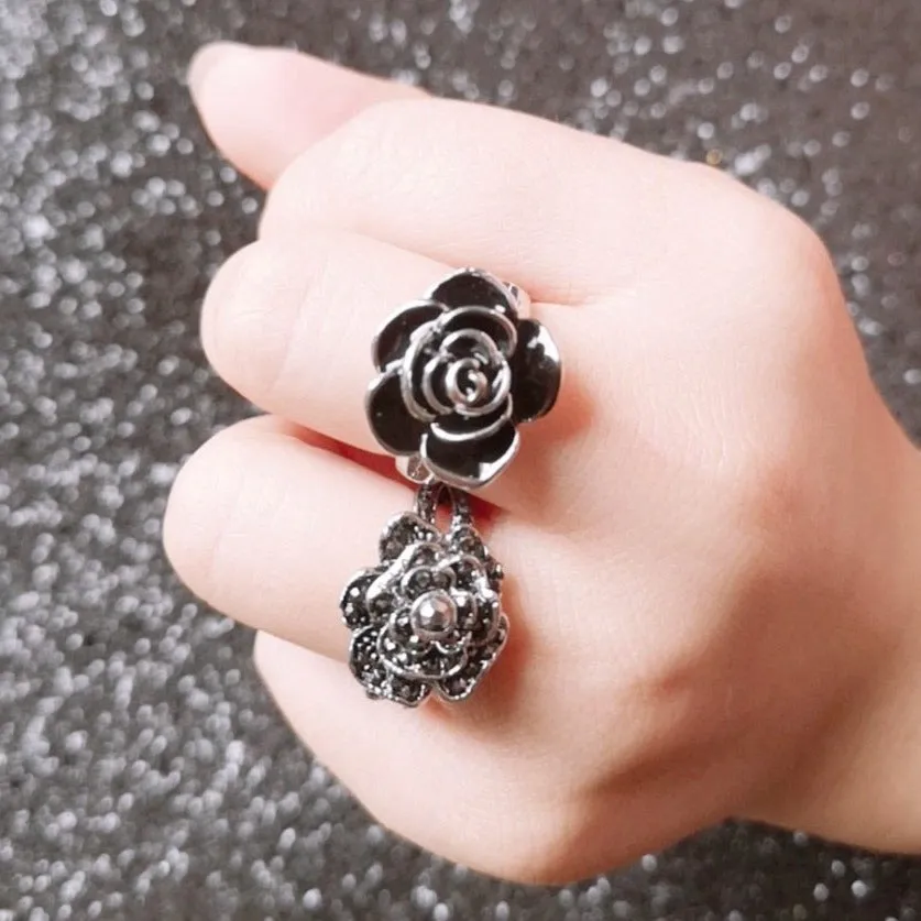 Victorian Jewelry Micro Pave Black Rose Cocktail Rings for Women with Zircon