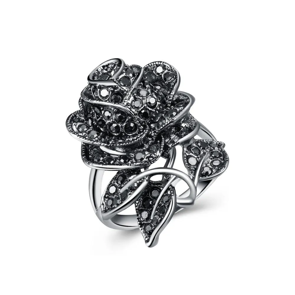 Victorian Jewelry Micro Pave Black Rose Cocktail Rings for Women with Zircon