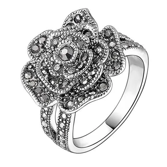 Victorian Jewelry Micro Pave Black Rose Cocktail Rings for Women with Zircon