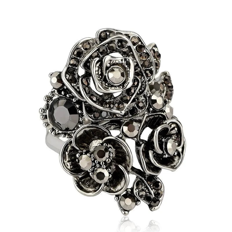 Victorian Jewelry Micro Pave Black Rose Cocktail Rings for Women with Zircon