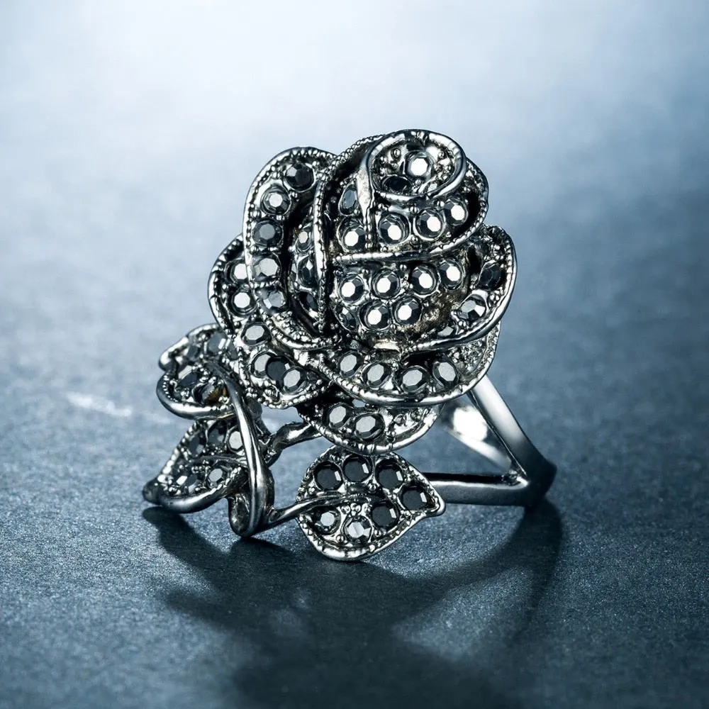 Victorian Jewelry Micro Pave Black Rose Cocktail Rings for Women with Zircon