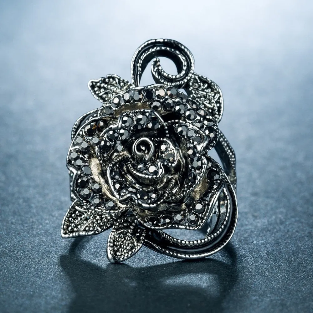 Victorian Jewelry Micro Pave Black Rose Cocktail Rings for Women with Zircon