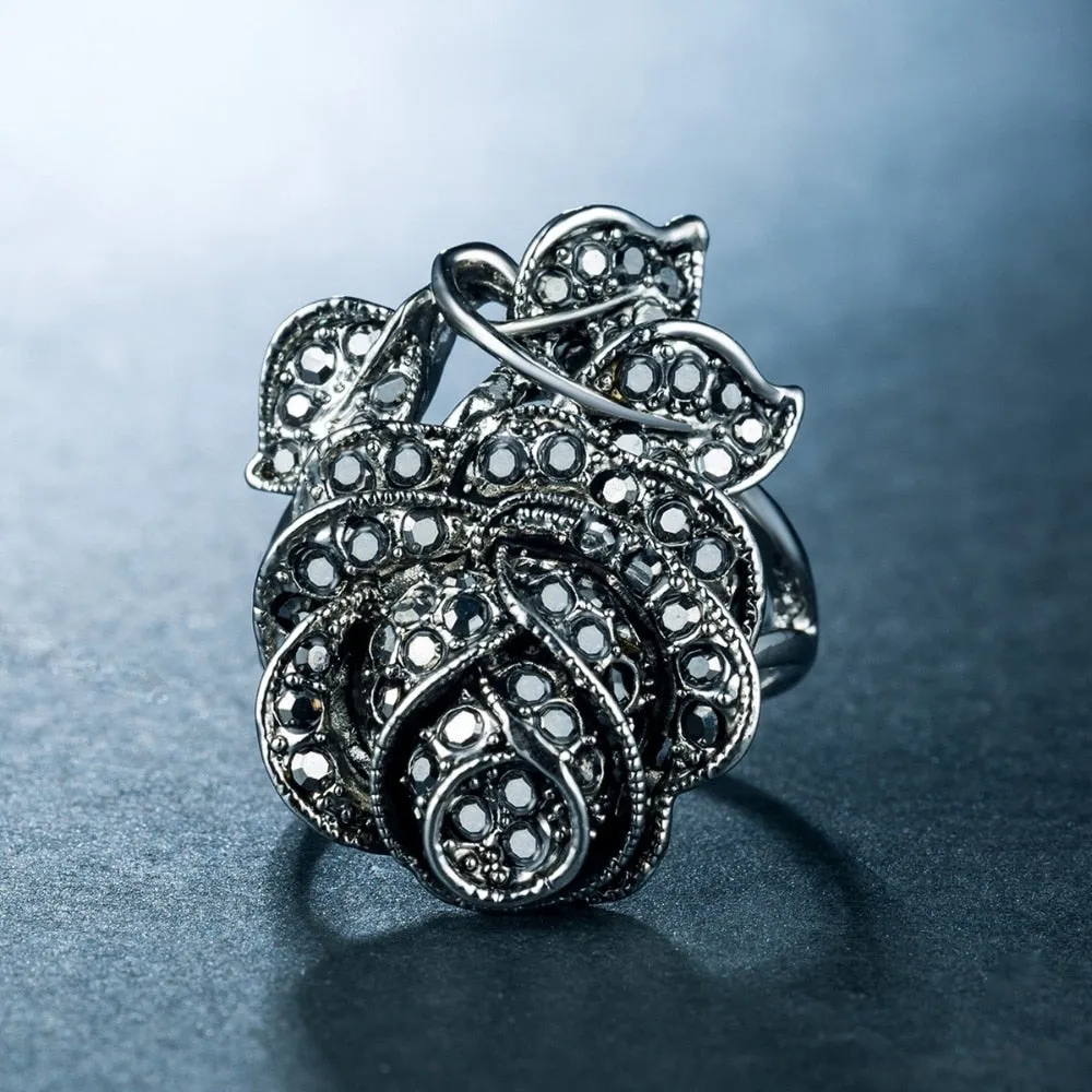 Victorian Jewelry Micro Pave Black Rose Cocktail Rings for Women with Zircon
