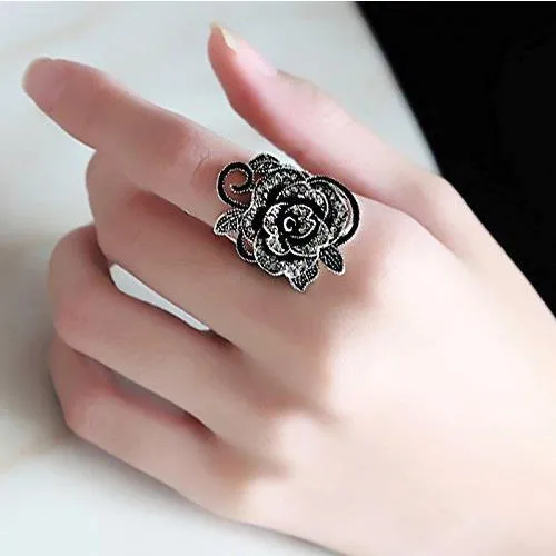 Victorian Jewelry Micro Pave Black Rose Cocktail Rings for Women with Zircon