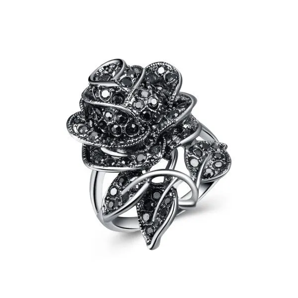 Victorian Jewelry Micro Pave Black Rose Cocktail Rings for Women with Zircon