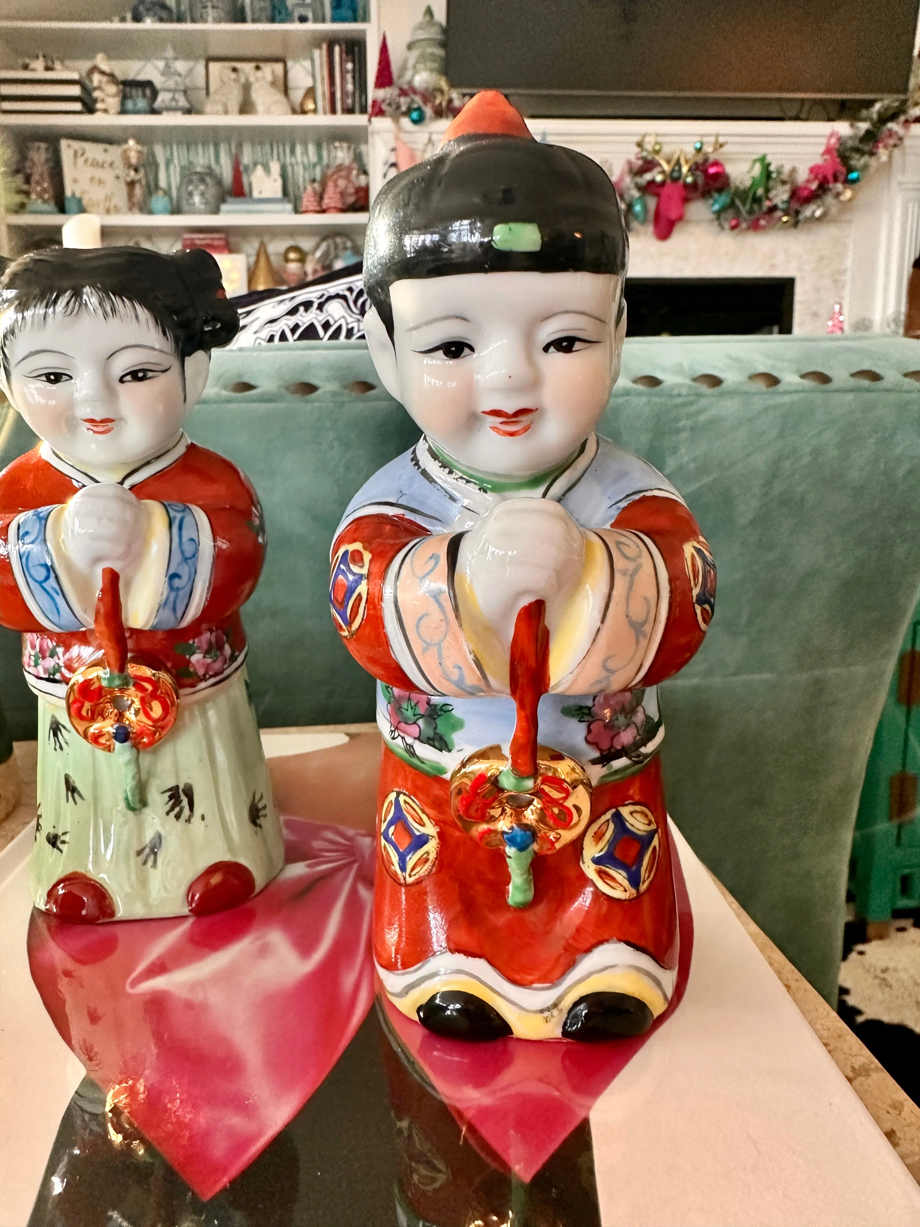 Vintage Figurines Asian Chinese Jintong Boy Yunu Jade Girl Statues Porcelain - Pair
