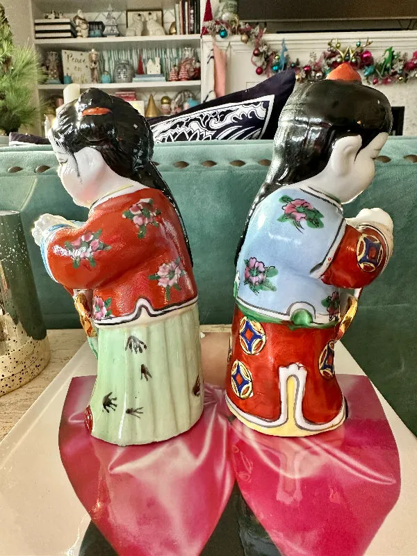 Vintage Figurines Asian Chinese Jintong Boy Yunu Jade Girl Statues Porcelain - Pair