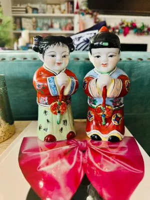 Vintage Figurines Asian Chinese Jintong Boy Yunu Jade Girl Statues Porcelain - Pair