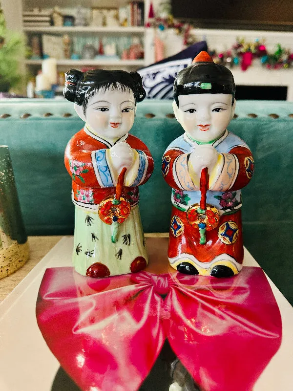 Vintage Figurines Asian Chinese Jintong Boy Yunu Jade Girl Statues Porcelain - Pair