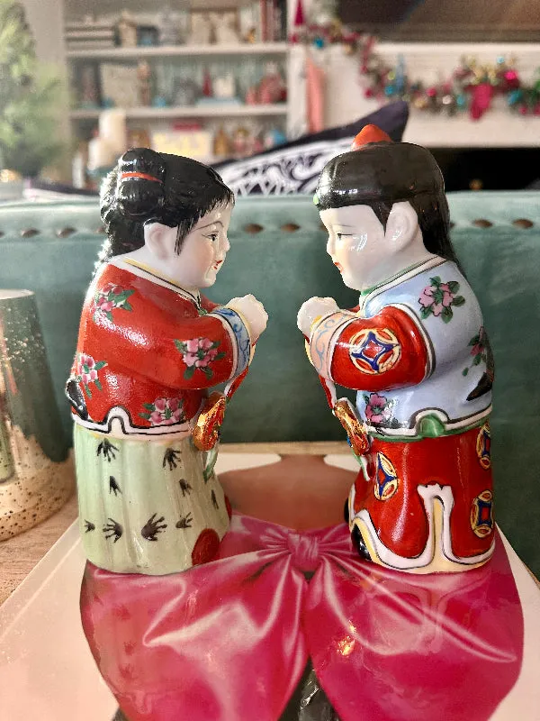 Vintage Figurines Asian Chinese Jintong Boy Yunu Jade Girl Statues Porcelain - Pair