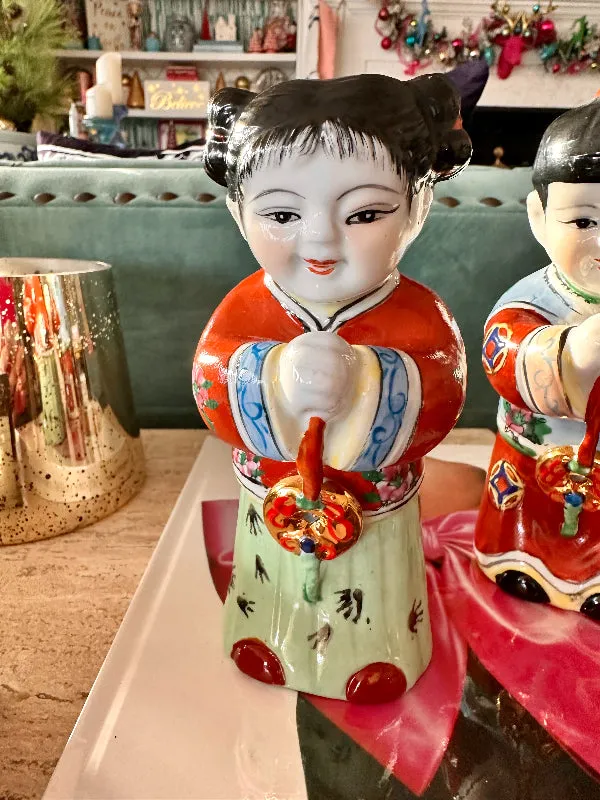 Vintage Figurines Asian Chinese Jintong Boy Yunu Jade Girl Statues Porcelain - Pair