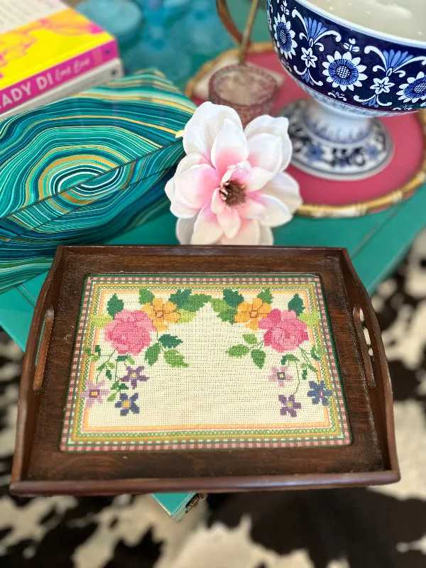 Vintage Needlepoint Tray, Wooden, Handled, Floral