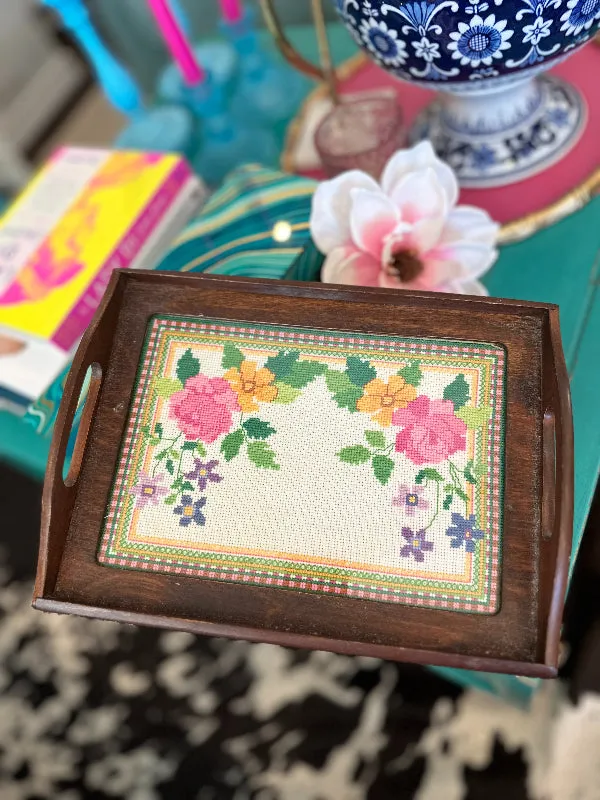 Vintage Needlepoint Tray, Wooden, Handled, Floral