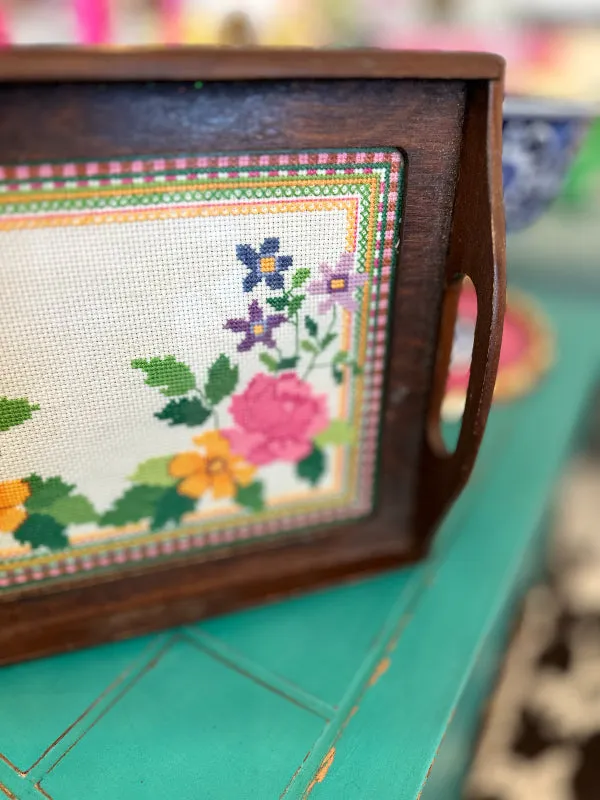 Vintage Needlepoint Tray, Wooden, Handled, Floral