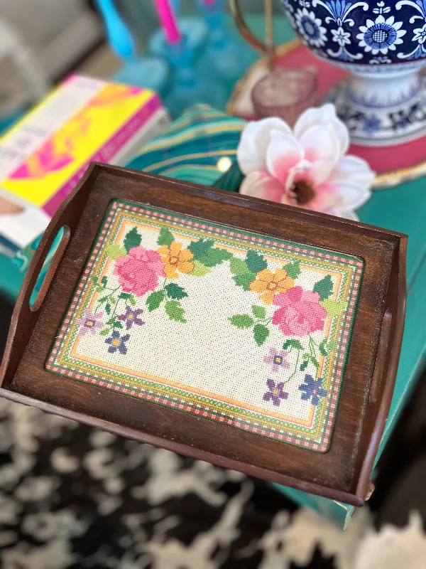 Vintage Needlepoint Tray, Wooden, Handled, Floral