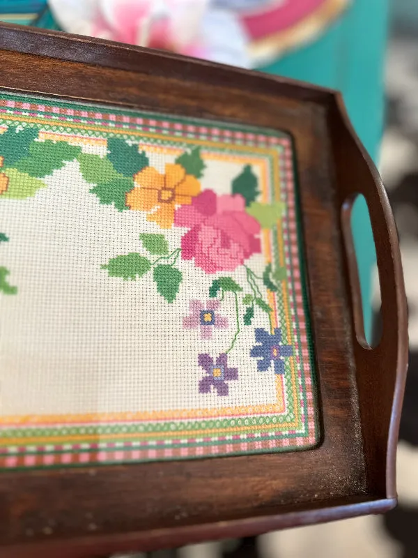 Vintage Needlepoint Tray, Wooden, Handled, Floral