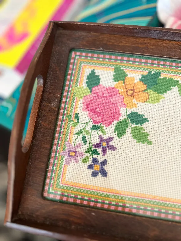 Vintage Needlepoint Tray, Wooden, Handled, Floral
