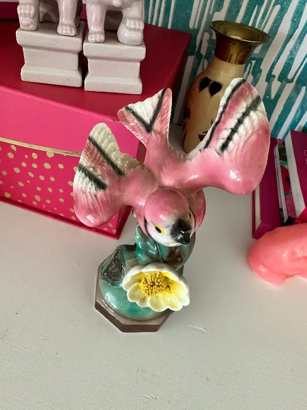 Vintage Pink Bird on Flower Figurine