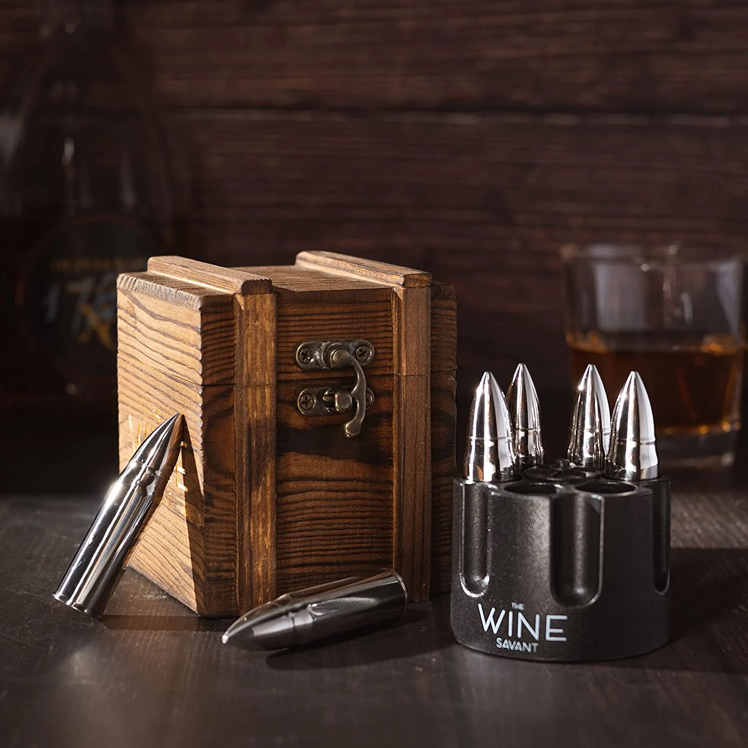Whiskey Stones Bullets Stainless Steel with Wooden Gift Box - 1.75in Bullet Chillers Set of 6 Inside Realistic Revolver - Made with Premium Stainless Steel, Large Whiskey Chillers Rocks (Silver) by The Wine Savant