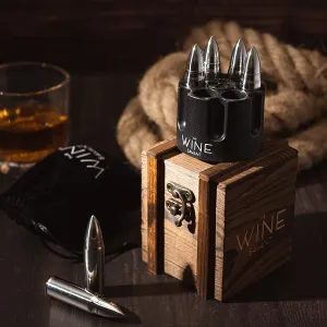 Whiskey Stones Bullets Stainless Steel with Wooden Gift Box - 1.75in Bullet Chillers Set of 6 Inside Realistic Revolver - Made with Premium Stainless Steel, Large Whiskey Chillers Rocks (Silver) by The Wine Savant