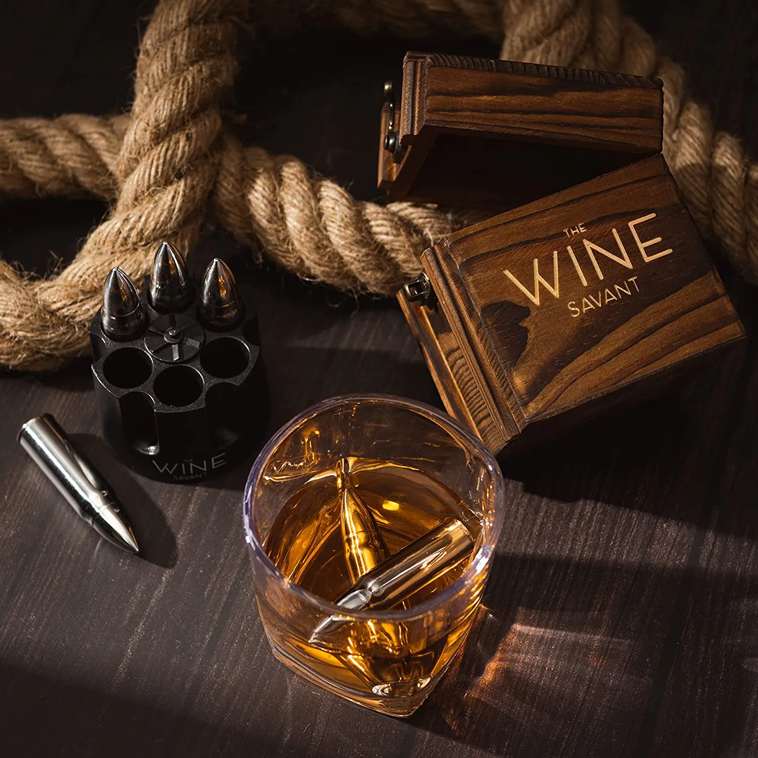 Whiskey Stones Bullets Stainless Steel with Wooden Gift Box - 1.75in Bullet Chillers Set of 6 Inside Realistic Revolver - Made with Premium Stainless Steel, Large Whiskey Chillers Rocks (Silver) by The Wine Savant