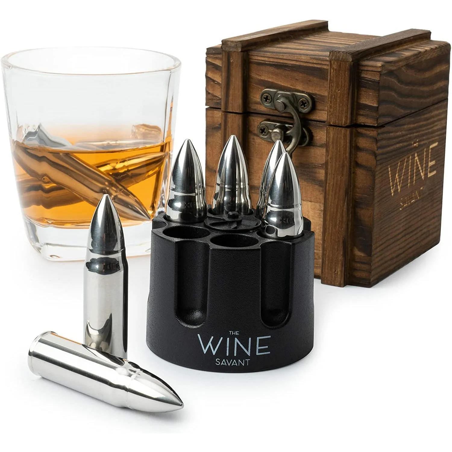 Whiskey Stones Bullets Stainless Steel with Wooden Gift Box - 1.75in Bullet Chillers Set of 6 Inside Realistic Revolver - Made with Premium Stainless Steel, Large Whiskey Chillers Rocks (Silver) by The Wine Savant