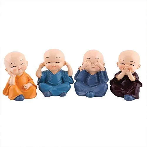WONIRY Rise Fabric Green Small Baby Buddha With Laughing Buddha Kung Fu/Little Monks Statue (10 Cm X 15 Cm X 5 Cm) - Set of 4