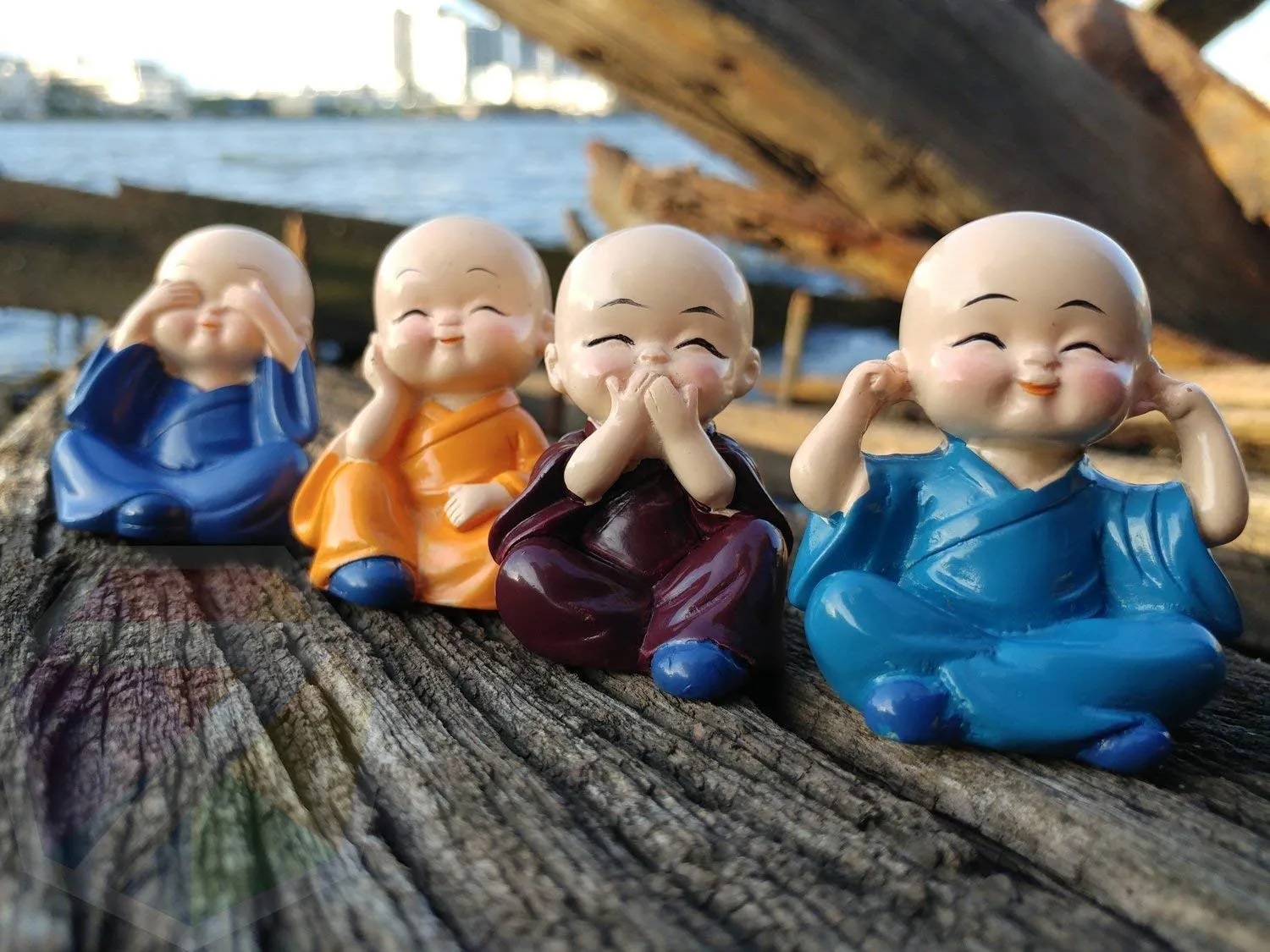 WONIRY Rise Fabric Green Small Baby Buddha With Laughing Buddha Kung Fu/Little Monks Statue (10 Cm X 15 Cm X 5 Cm) - Set of 4
