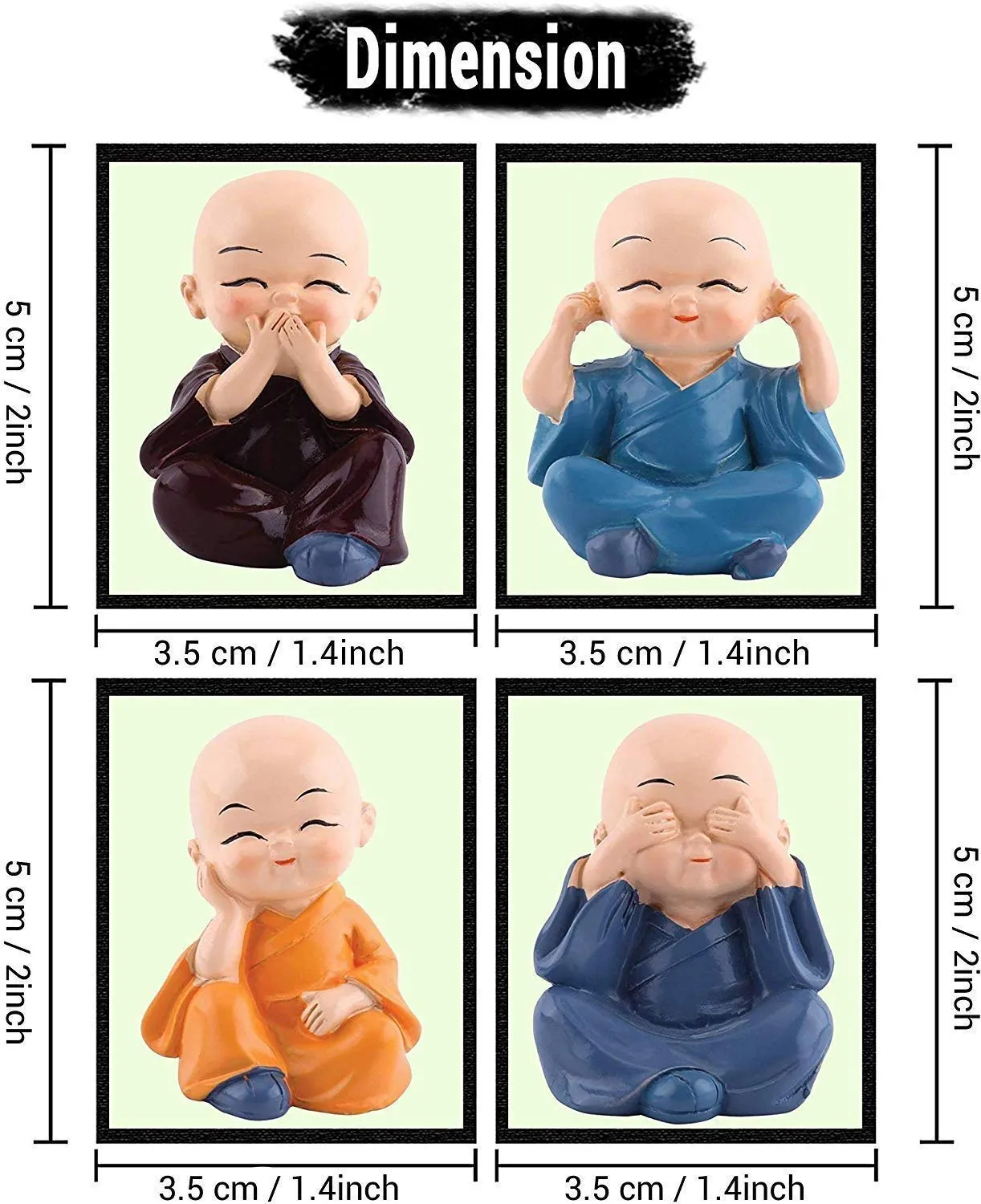 WONIRY Rise Fabric Green Small Baby Buddha With Laughing Buddha Kung Fu/Little Monks Statue (10 Cm X 15 Cm X 5 Cm) - Set of 4