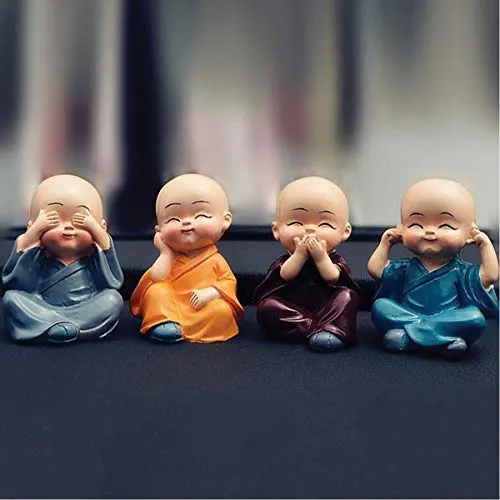 WONIRY Rise Fabric Green Small Baby Buddha With Laughing Buddha Kung Fu/Little Monks Statue (10 Cm X 15 Cm X 5 Cm) - Set of 4