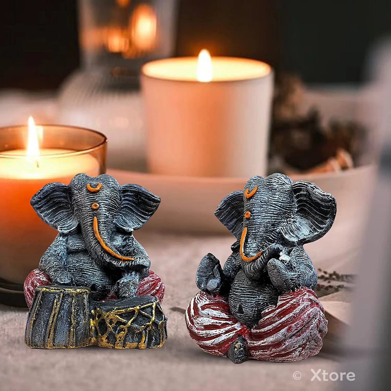 Xtore Beautiful Resin Ganesha Pair for Home Decor | Brings Prosperity - (Grey & Red, Pack of 2)