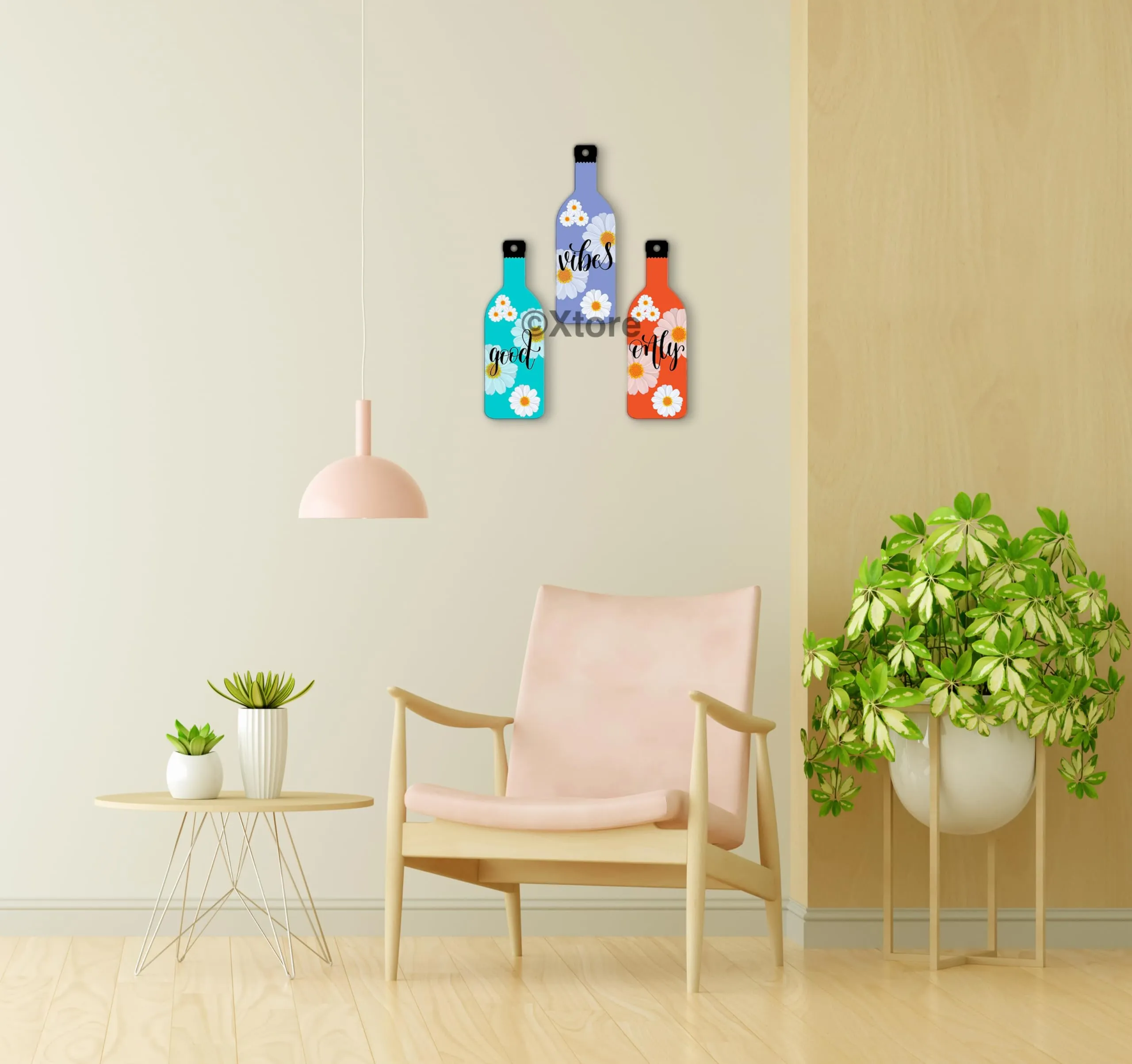 Xtore Decorative Wall Art MDF Wooden Hanger for Living Room | Bedroom | Office | Kitchen | Good Vibes Only | Wall Hanging For Home Decor - Set of 3