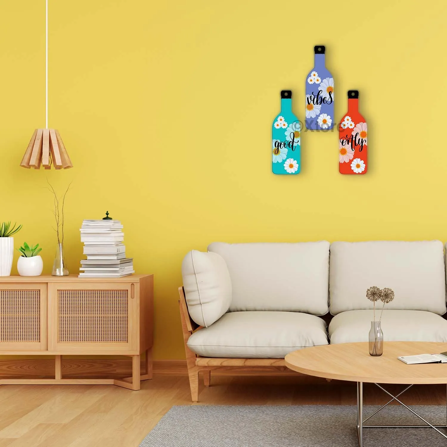 Xtore Decorative Wall Art MDF Wooden Hanger for Living Room | Bedroom | Office | Kitchen | Good Vibes Only | Wall Hanging For Home Decor - Set of 3